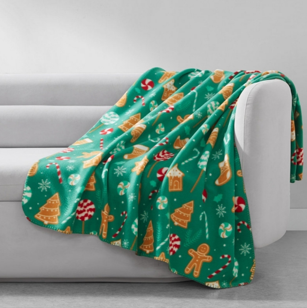 Birch Trail Holiday Gingerbread Toss Print Fleece Throw -Christmas Blanket- NWT